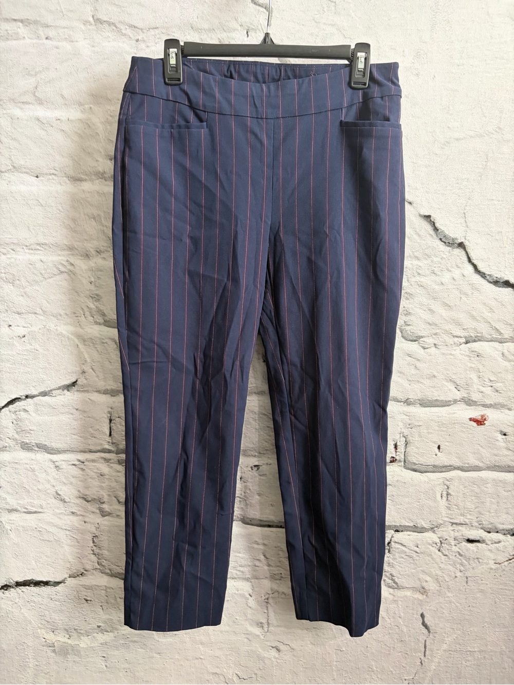 Chico’s Navy Blue Pine striped Pants Flat Front Elastic Waist